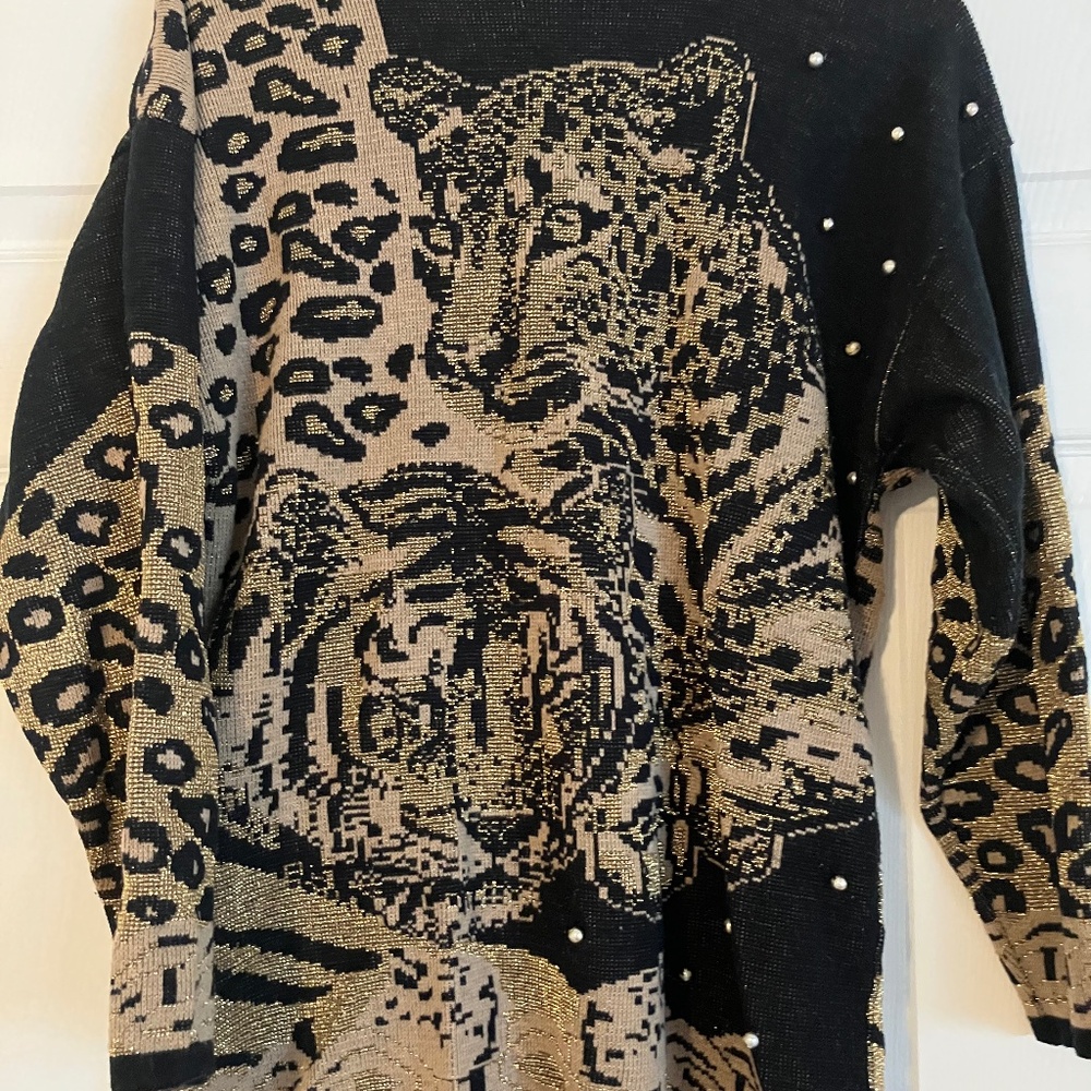 Vintage Metallic Thread Embroidered Cheetah Tiger Sweater